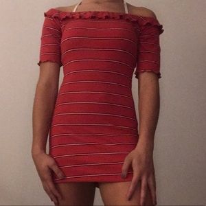 red off the shoulder dress.